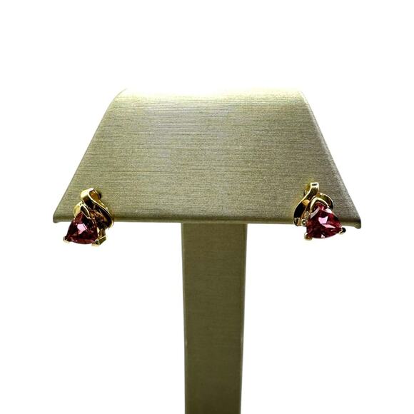 Does not Apply Jewelry - 14K Yellow Gold Pink Trillion Cut Stone & .04cttw Diamond Earrings (17938)